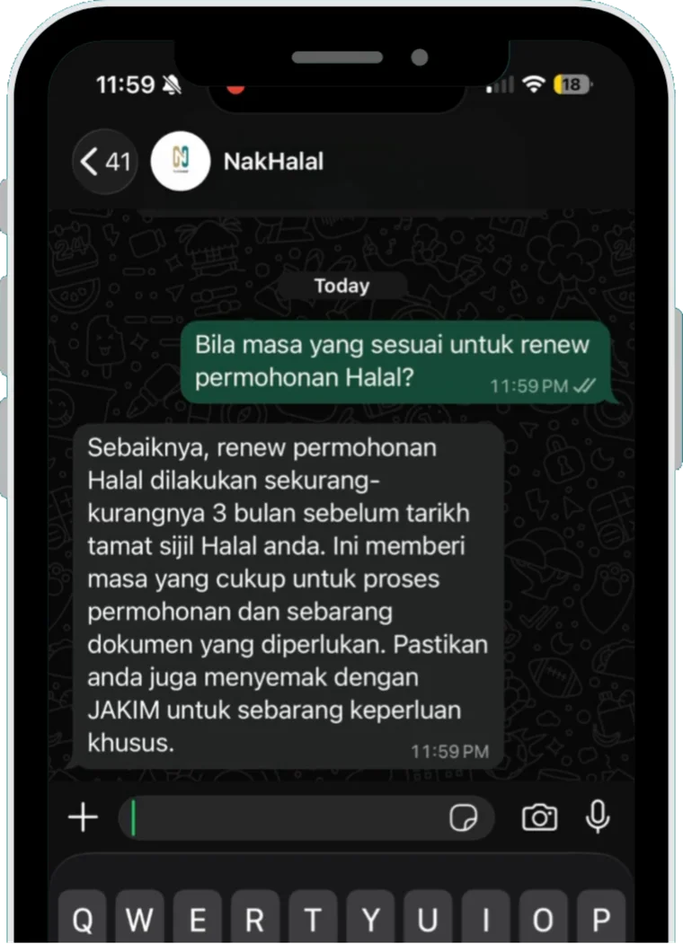NakHalal’s AI Halal Buddy answering a renewal question on WhatsApp